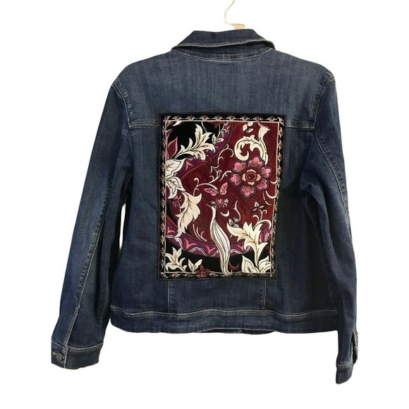 NWT CHICOS Women's Denim Jacket Sz 1 Medium Wash Velvet Patch - Picture 2 of 5